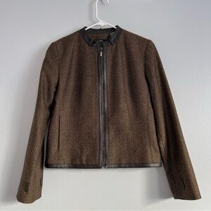 Lord & Taylor 100% Wool With Leather Trim Zip Up Jacket Blazer Brown Sz 8 office